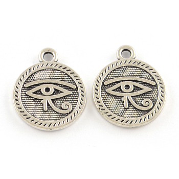 Tibetan Style Alloy Pendants, Cadmium Free & Lead Free, Flat Round with Evil Eye, Antique Silver, 18x15x2mm, Hole: 2mm