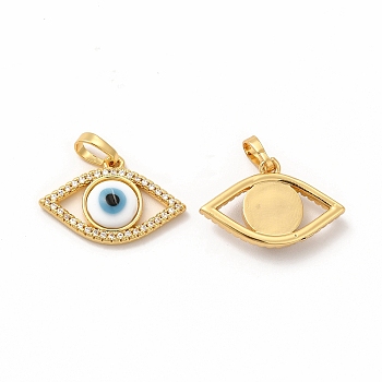 Rack Plating Brass Micro Pave Clear Cubic Zirconia Pendants, with Handmade Evil Eye Lampwork, Cadmium Free & Lead Free, Long-Lasting Real 18K Gold Plated, Eye Charm, White, 15.5x23x4mm, Hole: 6x3mm