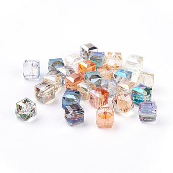 Electorplated Glass Beads, Rainbow Plated, Faceted, Cube, Mixed Color, 11x11x11mm, Hole: 1.5mm
