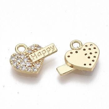 Brass Micro Pave Clear Cubic Zirconia Charms, for Valentine's Day, Nickel Free, Heart with Word Happy, Real 18K Gold Plated, 9.5x11.5x2mm, Hole: 1.5mm