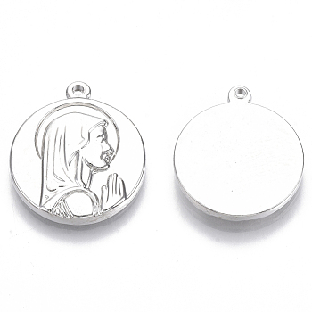 304 Stainless Steel Pendants, Flat Round with Praying Virgin Mary, Real Platinum Plated, 21x18.5x2.8mm, Hole: 1.2mm