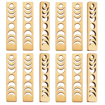 20Pcs Ion Plating(IP) 304 Stainless Steel Pendants, Rectangle with Phase of the Moon, Real 18K Gold Plated, 26x6x1.5mm, Hole: 2mm