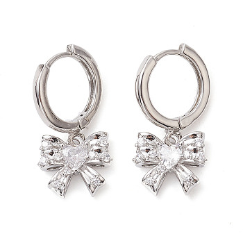 Bowknot Brass Dangle Hoop Earrings, with Clear Cubic Zirconia, Long-Lasting Plated, Lead Free & Cadmium Free, Platinum, 24.5x12mm