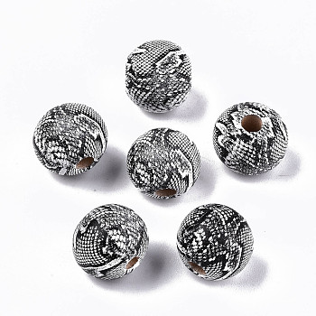 Natural Wooden Beads, Imitation Snake Skin Printed, Round, Black, 12x11mm, Hole: 3mm