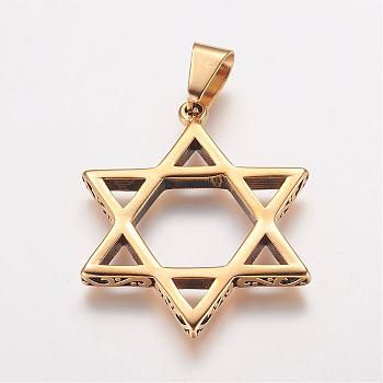 304 Stainless Steel Pendants, for Jewish, Hexagram/Star of David, Golden, 48x38x4mm, Hole: 6x12mm