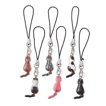 Cat Alloy Enamel Mobile Straps, Nylon Cord Mobile Accessories Decoration, Mixed Color, 10.4cm, 6pcs/set