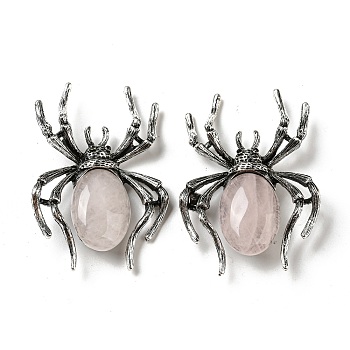 Dual-use Items Alloy Pave Jet Rhinestone Spider Brooch, with Natural Rose Quartz, Antique Silver, 57.5x41.5x12mm, Hole: 4.5x4mm