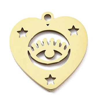 Ion Plating(IP) 316L Surgical Stainless Steel Pendants, Laser Cut, Heart with Eye
 & Star Charm, Real 18K Gold Plated, 17.5x16x1mm, Hole: 1.4mm