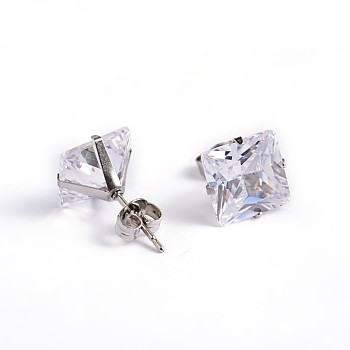 Square Cubic Zirconia Stud Earrings, with 304 Stainless Steel Pins, Clear, 6.5x6mm, Pin: 0.9mm