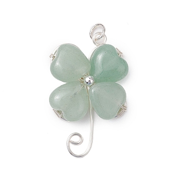 Natural Green Aventurine Copper Wire Wrapped Shamrock Pendants, Four-leaf Clover Charms with Jump Rings, Silver Color, 34x20.5x6.5mm, Hole: 3mm