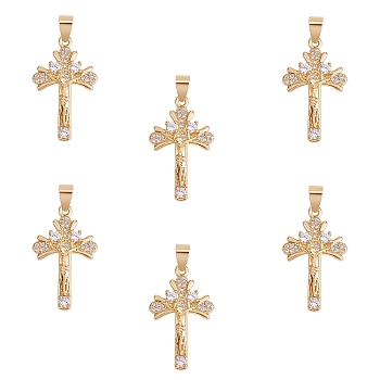 6Pcs Brass Micro Pave Clear Cubic Zirconia Pendants, Long-Lasting Plated, Crucifix Cross, Real 18K Gold Plated, 30x18x4.5mm, Hole: 3.5x5.5mm