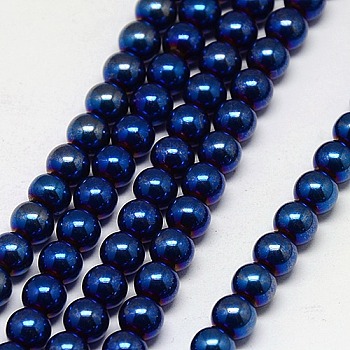 Electroplate Non-magnetic Synthetic Hematite Beads Strands, Round, Grade A, Blue Plated, 6mm, Hole: 1.2mm, about 65pcs/strand, 16 inch