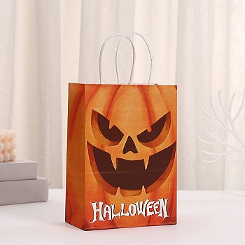 Halloween Paper Pumpkin Printed Tote Bags, Gift Storage Supplies, Rectangle, Sandy Brown, 15x8x20.8cm