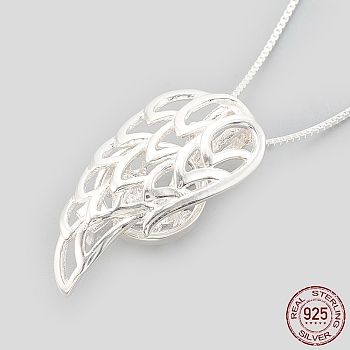 925 Sterling Silver Cage Pendant Necklaces, with 925 Stamp, Wing, Silver, 16 inch(40.5cm)), Inner Measure: 8.5x7.5mm