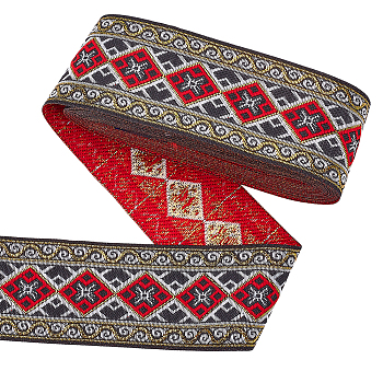 7M Ethnic Style Polyester Rhombus Jacquard Ribbon, for Garment Accessories, Red, 2 inch(50mm), about 7.66 Yards(7m)/pc