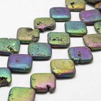 Electroplated Natural Druzy Geode Crystal Beads Strands, Rhombus, Dyed, Multi-color Plated, 30x30x7~8mm, Hole: 2mm, about 7pcs/strand, 8.07 inch (20.5cm)