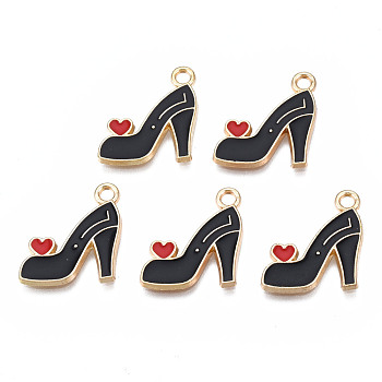 Rack Plating Alloy Enamel Pendants, Cadmium Free & Nickel Free & Lead Free, High-Heeled Shoes with Red Heart, Black, 20.5x14x1.2mm, Hole: 1.8mm