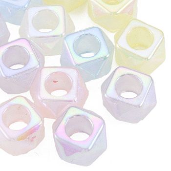 Electroplate Acrylic European Beads, Large Hole Beads, Pearlized, Faceted Cube, Mixed Color, 16x16x10mm, Hole: 7mm