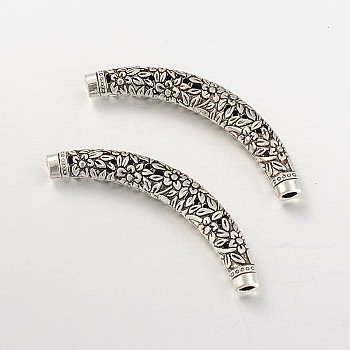 Tibetan Style Alloy Curved Tube Beads, Curved Tube Noodle Beads, Carved Flower Pattern, Antique Silver, 67x10x9mm, Hole: 4mm