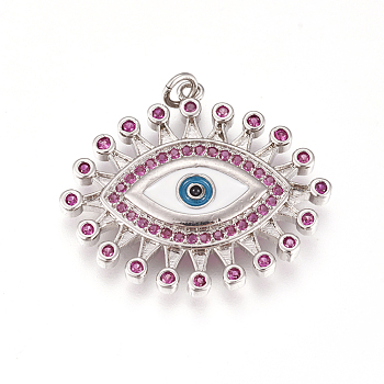 Brass Micro Pave Cubic Zirconia Enamel Pendants, Long-Lasting Plated, Lead Free & Cadmium Free & Nickel Free, Evil Eye, Colorful, Real Platinum Plated, 26x30x2.5mm, Hole: 3mm