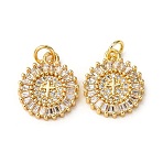 Brass Micro Pave Cubic Zirconia Pendants, Flat Round with Cross, with Jump Ring, Golden, 16.5x14x3mm, Hole: 3mm(KK-A265-08G)