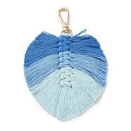 Handmade Braided Macrame Cotton Thread Leaf Pendant Decorations, with Brass Clasp, Cornflower Blue, 13.5cm(GLAA-K060-08KCG-02)