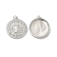Brass Micro Pave Cubic Zirconia Pendants, with Jump Ring, Flat Round with Religion Virgin Mary Charm, Platinum, 28x25x4mm, Hole: 3.3mm(KK-E068-VB092)