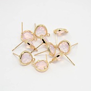 Real 18K Gold Plated Tone Brass Glass Stud Earring Findings, with Loop, Faceted Triangle, Nickel Free, Lavender Blush, 13x11x4.5mm, Hole: 1mm, Pin: 0.6mm(X-GLAA-J023-06G)