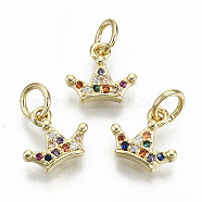 Brass Micro Pave Colorful Cubic Zirconia Charms, with Jump Rings, Nickel Free, Crown, Real 16K Gold Plated, 8x9x2mm, Jump Ring: 5x0.8mm, 3.4mm inner diameter(ZIRC-S067-160-NF)