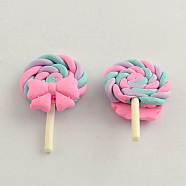 Handmade Polymer Clay Candy Cabochons, Lollipop with Bowknot, Pink, 38x24x8mm(X-CLAY-Q181-04)