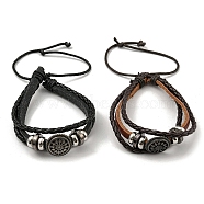 PU Leather & Waxed Triple Layer Multi-strand Bracelets, Braided Adjustable Bracelet with Alloy Flower Links, Mixed Color, Inner Diameter: 2-1/8~3-1/8 inch(5.4~8cm)(BJEW-F468-06)