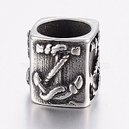 304 Stainless Steel Beads, Large Hole Beads, Cube with Anchor, Antique Silver, 11x12x13mm, Hole: 8.5mm(STAS-H440-20AS)