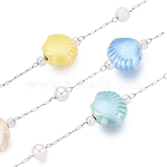 Handmade ABS Plastic Imitation Pearl & Porcelain & Seed Bead Chains, with 304 Stainless Steel Chains, Soldered, with Spool, Stainless Steel Color, 10x12x6.5mm, porcelain: 4.5mm in diameter, bead: 3mm in diameter, links: 2x1.5x0.2mm & 2.5x1x0.2mm, interval: 14mm, about 10m/roll(CHS-T006-25P)