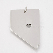 201 Stainless Steel Pendants, Map of Nevada, Stainless Steel Color, 27.5x18x1mm, Hole: 3mm(STAS-T038-81)