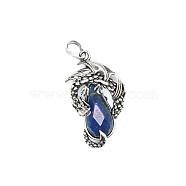 Natural Lapis Lazuli Brass Pendants, Flying Dragon Charms with Faceted Teardrop Gems, Antique Silver, 38x22x6mm(G-PW0004-66G)
