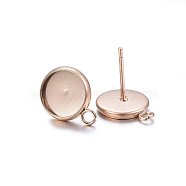 Ion Plating(IP) 304 Stainless Steel Stud Earring Settings, with Loop, Flat Round, Rose Gold, Tray: 8mm, 13x10x2mm, Hole: 1.8mm, Pin: 0.8mm(STAS-H467-08RG-10mm)