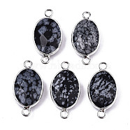 Natural Snowflake Obsidian Links/Connectors, Platinum Tone Brass Edge, Faceted Oval, 27.5x14~15x6mm, Hole: 2mm(G-T131-102-04)