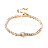 Clear Cubic Zirconia Tennis Bracelet with Heart, Brass Square Link Chain Bracelet for Women, Real 18K Gold Plated, 7-3/8 inch(18.8cm)(BJEW-E015-03G)