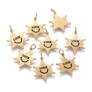 316 Surgical Stainless Steel Charms, with Jump Rings and Enamel, Star with Word Luck, Black, Golden, 14.5x11.7x0.8mm, Hole: 2.6mm(X-STAS-I164-018G)