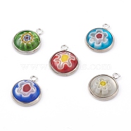Handmade Millefiori Glass Pendants, with 304 Stainless Steel Pendant Cabochon Settings, Flat Round, Stainless Steel Color, Mixed Color, 14x11.5x3mm, Hole: 2mm(PALLOY-JF00625)