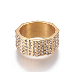 Ion Plating(IP) 304 Stainless Steel Finger Rings, with Rhinestones, Crystal, Golden, Size 8~13, 18~23mm(RJEW-E157-11G)