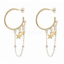 304 Stainless Steel Dangle Stud Earrings, Half Hoop Earrings, with Ear Nuts and Brass Cable Chains, Star, Golden, 68x33mm, Pin: 0.8mm(X-EJEW-JE04184-03)