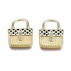 Brass Micro Pave Cubic Zirconia Enamel Pendants, Nickel Free, Real 16K Gold Plated, Bag, Black, 20x15.5x4mm, Hole: 6.5x8mm(ZIRC-Q200-020A-NF)