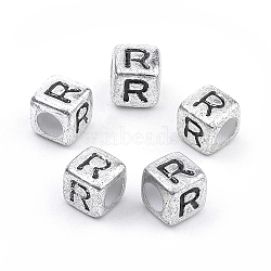 Plated Acrylic Beads, Horizontal Hole, Cube with Letter, Antique Silver, Letter.R, 6mm, Hole: 3mm(X-PB43C9308-R)