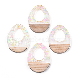 Transparent Resin & White Wood Pendants, Hollow Teardrop Charms with Paillettes, Clear, 37.5x28x3.5mm, Hole: 2mm(RESI-N039-28)