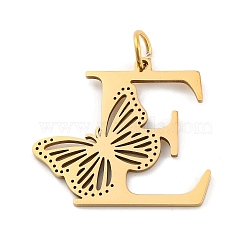 Ion Plating(IP) 201 Stainless Steel Pendants, Letter with Butterfly Charms, Golden, Letter E, 27x30.5x1.5mm, Ring: 7x1mm, Hole: 5mm(STAS-N103-184G-E)