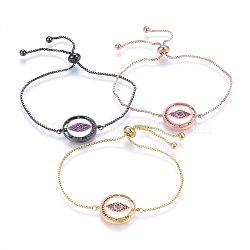 Adjustable Brass Micro Pave Cubic Zirconia Bolo Bracelets, Slider Bracelets, with Enamel, Flat Round with Evil Eye, Magenta, Mixed Color, 10-1/4 inch(26cm), 1.2mm(BJEW-H583-02)