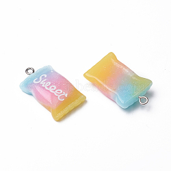 Resin Pendants, with Platinum Plated Iron Findings, Suger with Word Sweet, Imitation Food , Colorful, 28x16.5x7.5mm, Hole: 1.5mm(RESI-TAC0002-19B)