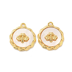 Natural White Shell Charms, Rack Plating Brass Flat Round with Bee Charms, Real 18K Gold Plated, 15x13x3mm, Hole: 1.2mm(KK-A214-22G)