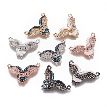 Brass Micro Pave Cubic Zirconia Pendants, with Shell, Owl, Mixed Color, 17.5x25x4mm, Hole: 1.4mm